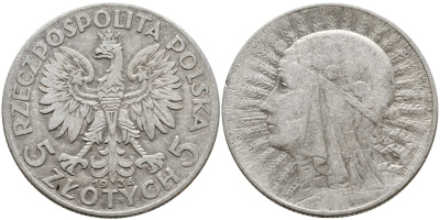 ПОЛЬША 5 ЗЛОТЫХ 1934 w, ЯДВИГА KM 21 серебро 441-441