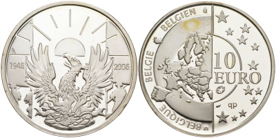 Бельгия 10 евро 2005 60 лет освобождения от фашизма KM 252 серебро  PROOF  1087-4-71