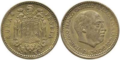 Испания 1 песета 1963 (63) Франсиско Франко (1939-1975) KM 775 алюминиевая бронза 110-1146