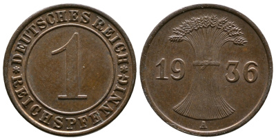 Германия 1 рейхспфенниг 1936 A KM 37, J. 313 бронза 220-132