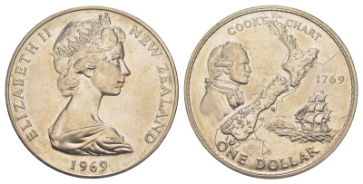 Новая Зеландия 1 доллар 1969 200 лет путешествию Капитана Кука KM 40 медно-никель BU 91-321