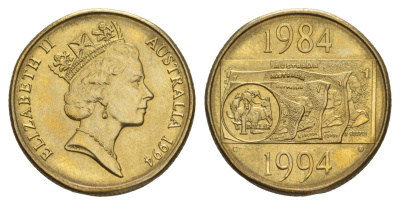 Австралия 1 доллар 1994 10 лет выпуску монет 1 доллар KM 258 алюминиевая бронза BU 4646-553