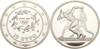 Греция 10 евро 2003 XXVIII летние Олимпийские игры 2004 года в Афинах, легкая атлетика, бег KM 190 серебро PROOF 02-015-25