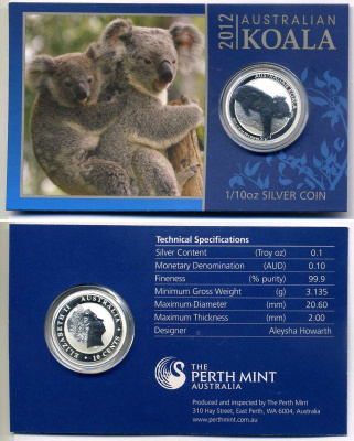 Австралия 10 центов 2012 Елизавета II (1952-2022), коала, 1/10 унции серебро PROOF 3-4-8-79