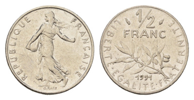 Франция 1/2 франка 1991 сеятель KM 931.1 никель 192-1024