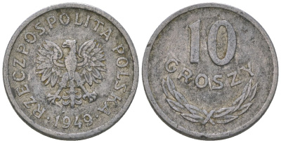 Польша 10 грошей 1949 MW Y 42a алюминий 4617-1211
