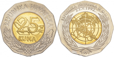 Хорватия 25 кун 1997 5 лет членства Хорватии в ООН, карта KM 48 биметалл UNC 4149-1014
