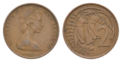 Новая Зеландия 2 цента 1967 Елизавета II (1952-2022), два цветка кохаи KM 32.1 бронза 4178-225