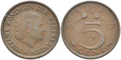 НИДЕРЛАНДЫ 5 ЦЕНТОВ 1957 ЮЛИАНА KM 181 бронза 3856-1224