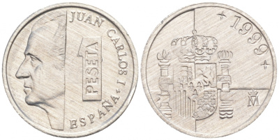 ИСПАНИЯ 1 ПЕСЕТА 1999 ХУАН КАРЛОС I (1975-) KM 832 алюминий 4549-851