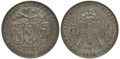 Швецария, кантон Граубюнден (Гризон) 4 франка 1842 стрелковый фестиваль KM 17, Dav. 372 серебро 00-000-00