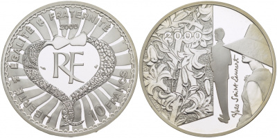Франция 10 франков 2000 Ив Сен-Лоран, миллениум KM 1235 серебро PROOF 05-091-42