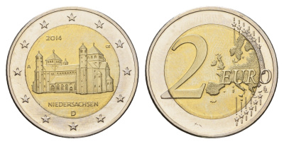 Германия 2 евро 2014 D, церковь Св. Михаэля, Нижняя Саксония KM 334 биметалл UNC 4693-1213
