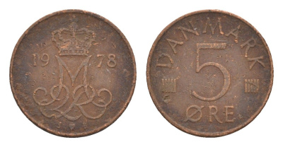 Дания 5 эре 1978 Маргрете II (1972-2024) KM 859 железо плакированное медью 4658-264