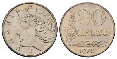Бразилия 20 сентаво 1970 голова Свободы влево KM 579.2, Schon 84a медно-никель 4666-135
