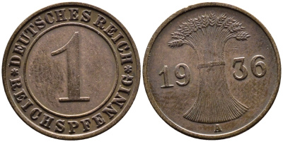 ГЕРМАНИЯ 1 РЕЙХСПФЕННИГ 1936 A KM 37 бронза 4387-1125