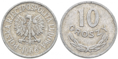 Польша 10 грошей 1966 MW KM AA47, Parchimowicz 206e алюминий 4549-259