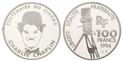 Франция 100 франков 1994 100 лет кинематографу - Чарли Чаплин KM 1076 серебро PROOF 11-313-12
