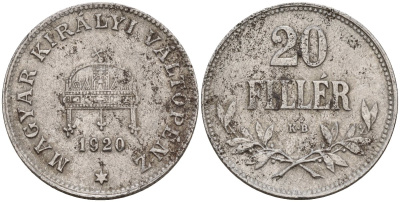 Венгрия 20 филлеров 1920 КВ, Карл I (1916-1918), редкий год KM 498 железо 4151-1023