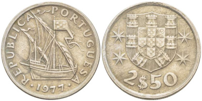 ПОРТУГАЛИЯ 2,5 ЭСКУДО 1977 ПАРУСНИК KM 590 медно-никель 4523-1056