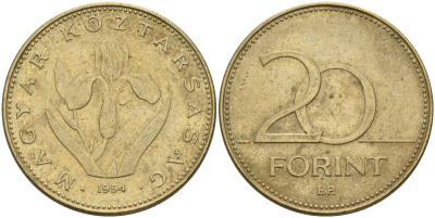Венгрия 20 форинтов 1994 венгерский ирис KM 696 никель латунь 4589-1221