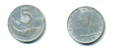 ИТАЛИЯ 5 ЛИР 1954 R, РУЛЬ, ДЕЛЬФИН KM 92 алюминий 23-1124