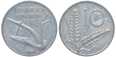 Италия 10 лир 1956 R, колосья KM 93 алюминий 4543-317