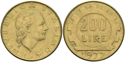 Италия 200 лир 1977 R, шестерня KM 105 алюминиевая бронза 4171-936