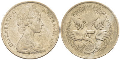 АВСТРАЛИЯ 5 ЦЕНТОВ 1977 ЕЛИЗАВЕТА II, МОЛОДОЙ ПОРТРЕТ, ЕХИДНА KM 64 медно-никель 3851-1128