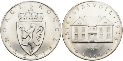 Норвегия 10 крон 1964 150 лет Конституции КМ 413 серебро 4552-312