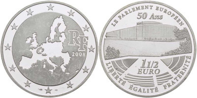 Франция 1 1/2 евро 2008 50 лет Европейскому парламенту KM 1532 серебро PROOF 1076-5-53