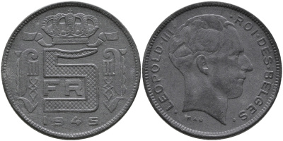 Бельгия 5 франков 1945 Belges, Леопольд III (1934-1947), германская оккупация KM 129.1 цинк 93-1153