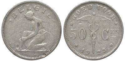 Бельгия 50 сантимов 1923 Belgie KM 88 никель 4164-153