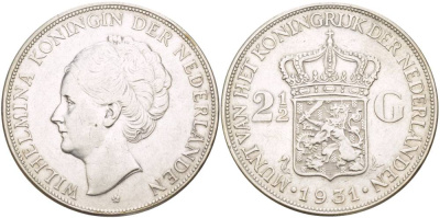 Нидерланды 2 1/2 гульдена 1931 Вильгельмина I (1890-1948) KM 165 серебро 00-00