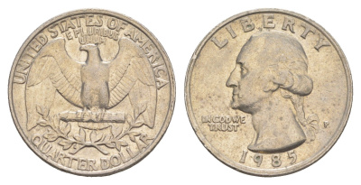 США 25 центов = квотер = 1/4 доллара 1985 P, Джордж Вашингтон KM 164a медь плакированная медно-никелем 4652-447