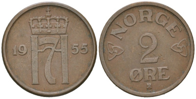 Норвегия 2 эре 1955 Хокон VII (1905-1957) KM 399 бронза 3955-166