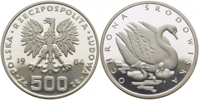 Польша 500 злотых 1984 MW, серия охрана окружающей среды, лебедь KM 154, Parchimowicz 322 серебро PROOF 1076-10-33