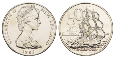 Новая Зеландия 50 центов 1983 Елизавета II (1952-2022), парусник Индевор, тираж 25.000 экземпляров KM 37 медно-никель BU 189-912