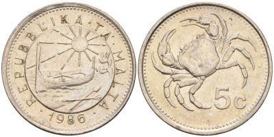 Мальта 5 центов 1986 краб KM 77 медно-никель 4396-1231