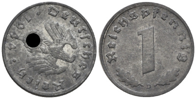 Германия 1 рейхспфенниг 1944 D, редкий брак, поворот аверса к реверсу на 50 градусов J. 369, KM 97 цинк  aUNC  1524-121