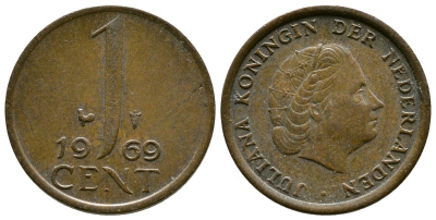 НИДЕРЛАНДЫ 1 ЦЕНТ 1969 ЮЛИАНА KM 180 бронза 75-933