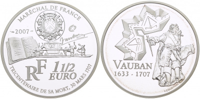 Франция 1 1/2 евро 2007 300 лет со дня смерти военного инженера Себастьена де Вобана KM 1462 серебро PROOF 01-162-34