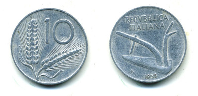 ИТАЛИЯ 10 ЛИР 1955 R, КОЛОСЬЯ, ПЛУГ KM 93 алюминий 23-1155