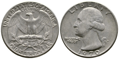 США 25 центов (квотер) 1970 Вашингтон KM 164а медь плакированная медно-никелем 08-513
