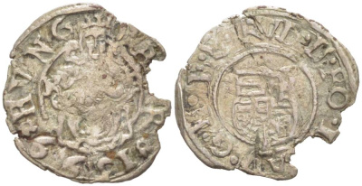 Венгрия 1 денар 1599 KB, Рудольф II Габсбург (1576-1612), мадонна с младенцем Huszar 1059 серебро 4532-1248