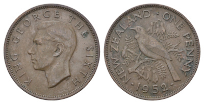 Новая Зеландия 1 пенни 1952 Георг VI (1936-1952), новозеландский туи KM 21 бронза    4512-144