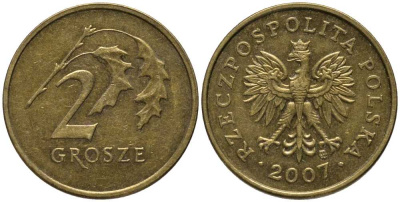 ПОЛЬША 2 ГРОША 2007 MW KM 277 латунь 201-418
