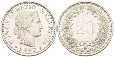 ШВЕЙЦАРИЯ 20 РАППЕНОВ 1993 В KM 29а медно-никель 4544-344