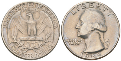 США 25 центов (квотер) 1965 Вашингтон KM 164a медь плакированная медно-никелем 4175-347