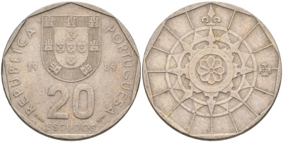 Португалия 20 эскудо 1989 KM 634 медно-никель 4572-1113